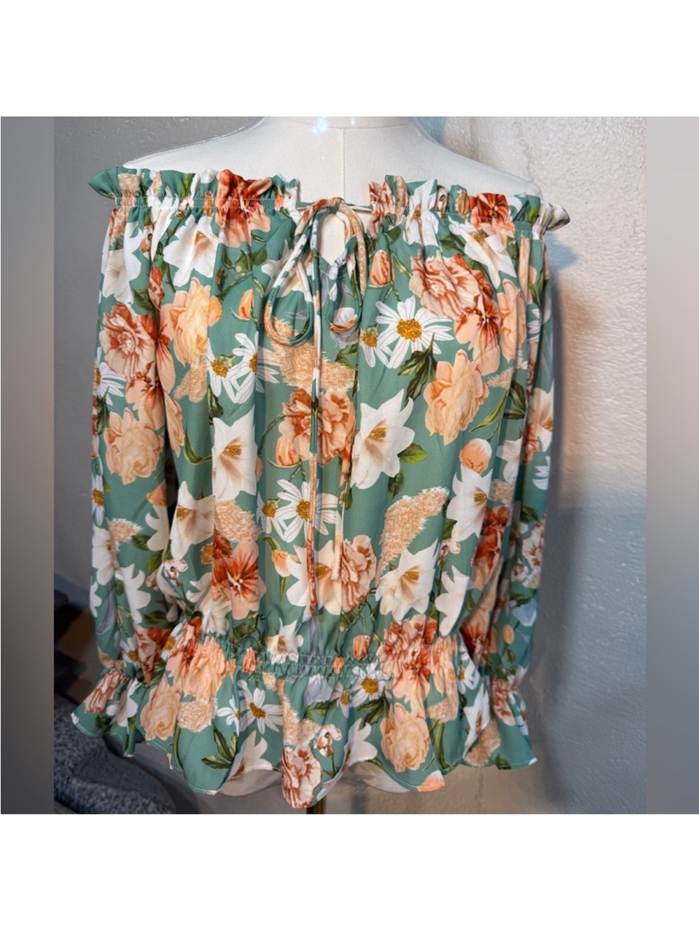 Off-Shoulder Floral Blouse in Sage with Peach & White Blooms - Picture 2 of 9